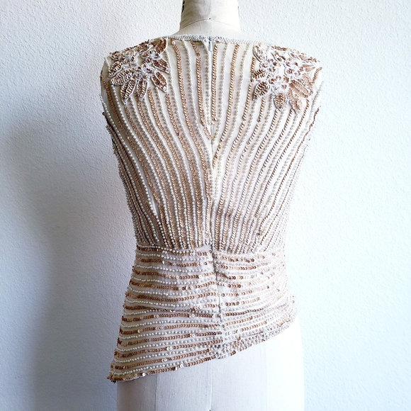 Vintage 80s Cream White Silk Bead Sequin Blouse - Picture 3 of 6